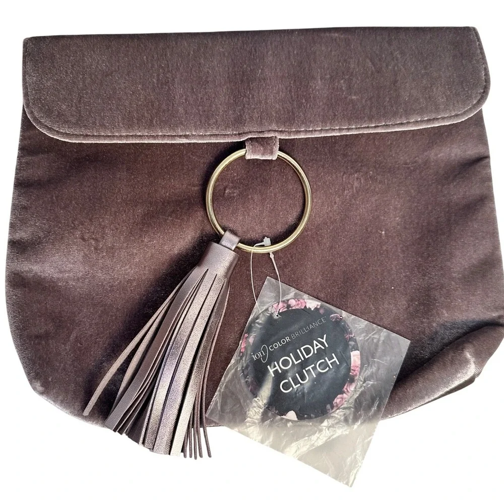 Ion‎ Color Brilliance Holiday Clutch Women Mauve Brown Velvet Tassel Ring Bag